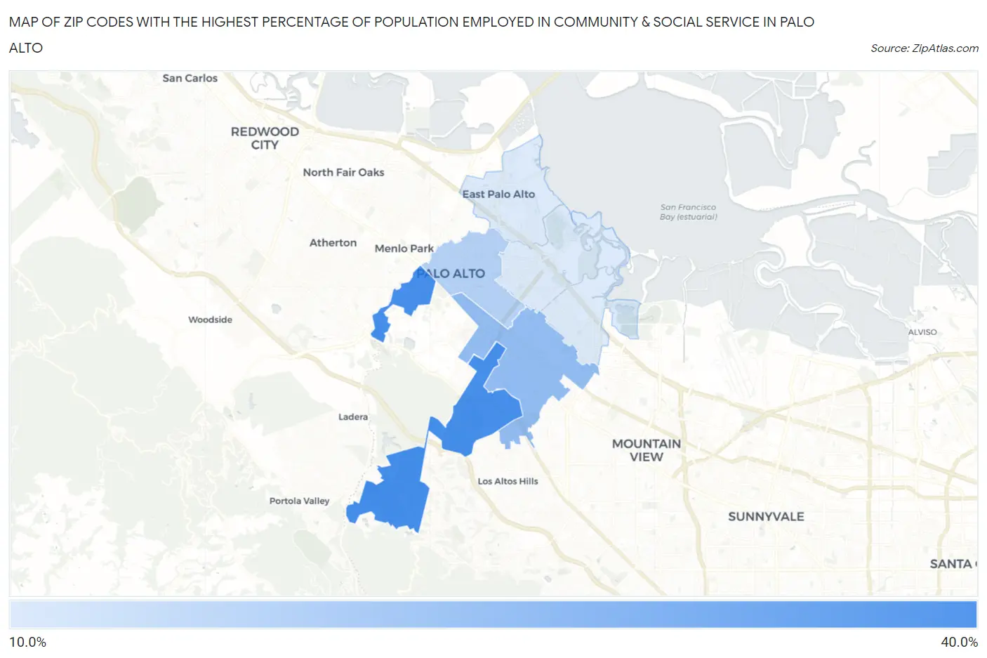 Zip Codes with the Highest Percentage of Population Employed in Community & Social Service  in Palo Alto Map