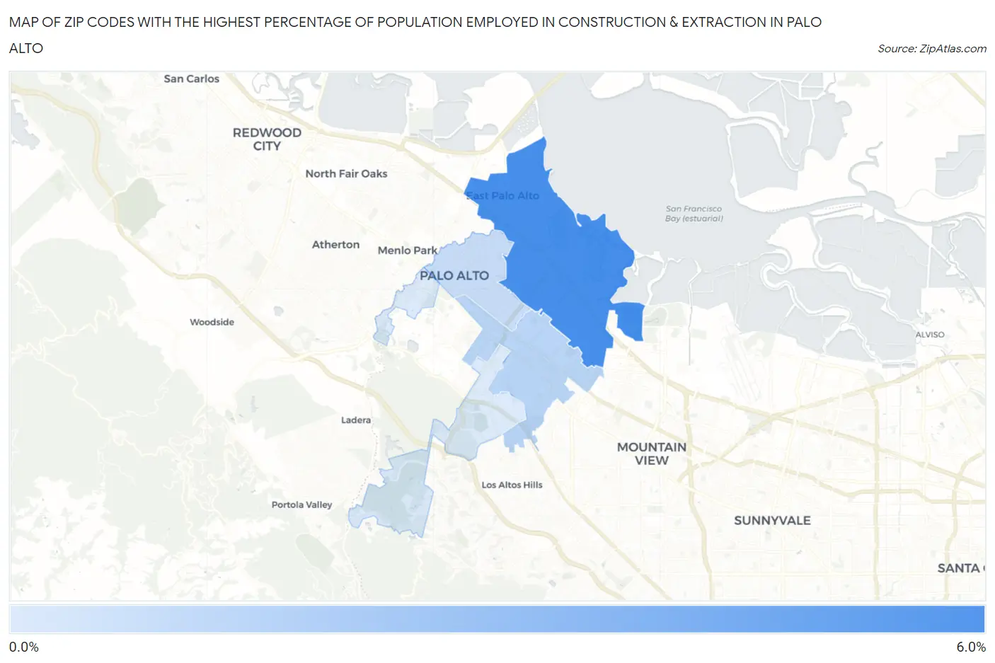 Zip Codes with the Highest Percentage of Population Employed in Construction & Extraction in Palo Alto Map