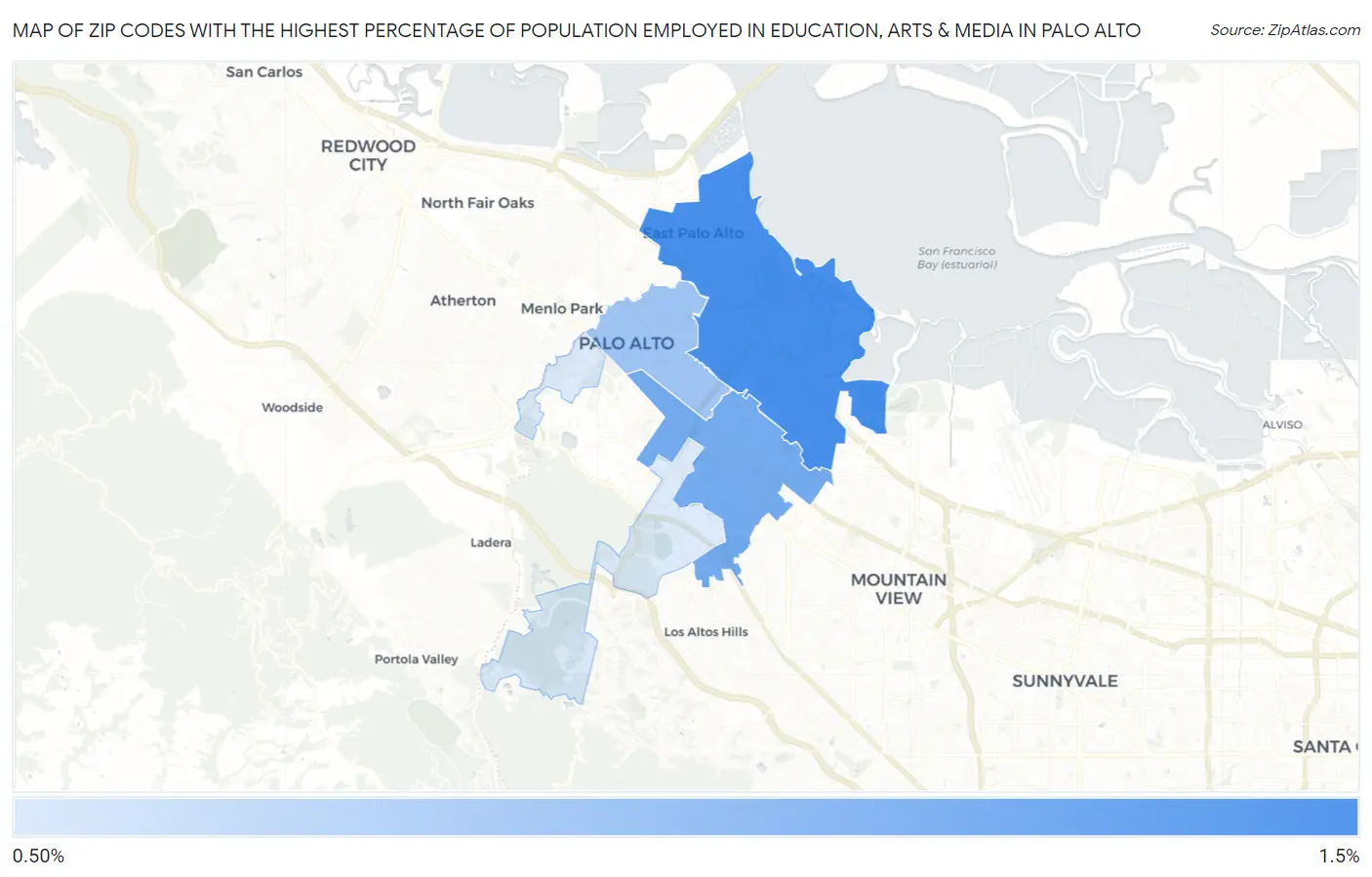 Zip Codes with the Highest Percentage of Population Employed in Education, Arts & Media in Palo Alto Map