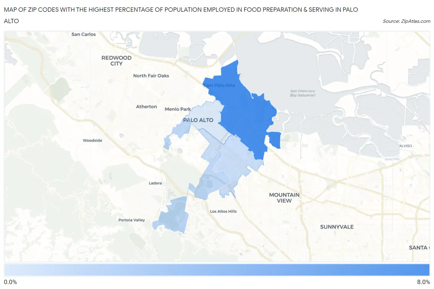 Zip Codes with the Highest Percentage of Population Employed in Food Preparation & Serving in Palo Alto Map