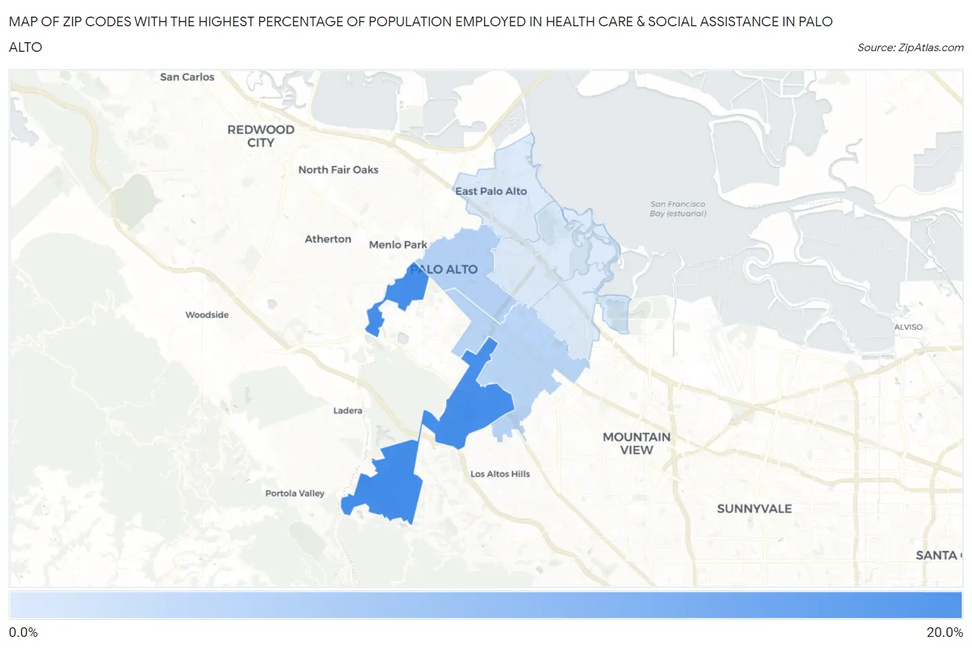 Zip Codes with the Highest Percentage of Population Employed in Health Care & Social Assistance in Palo Alto Map