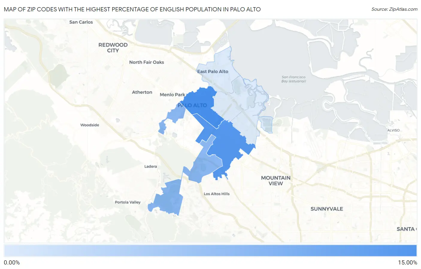 Zip Codes with the Highest Percentage of English Population in Palo Alto Map