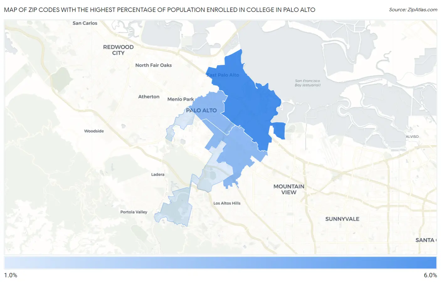 Zip Codes with the Highest Percentage of Population Enrolled in College in Palo Alto Map
