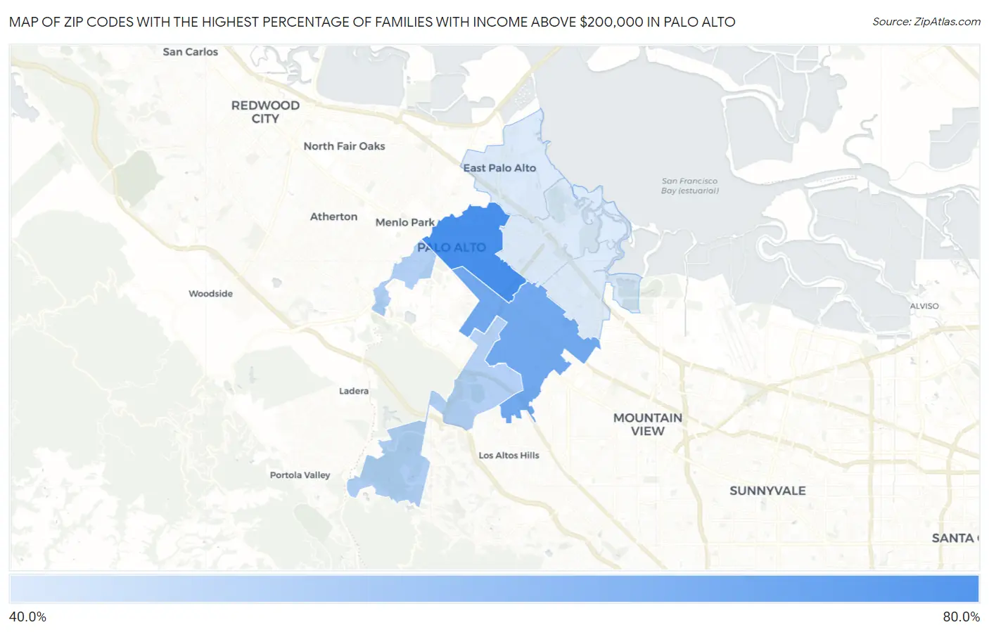 Zip Codes with the Highest Percentage of Families with Income Above $200,000 in Palo Alto Map