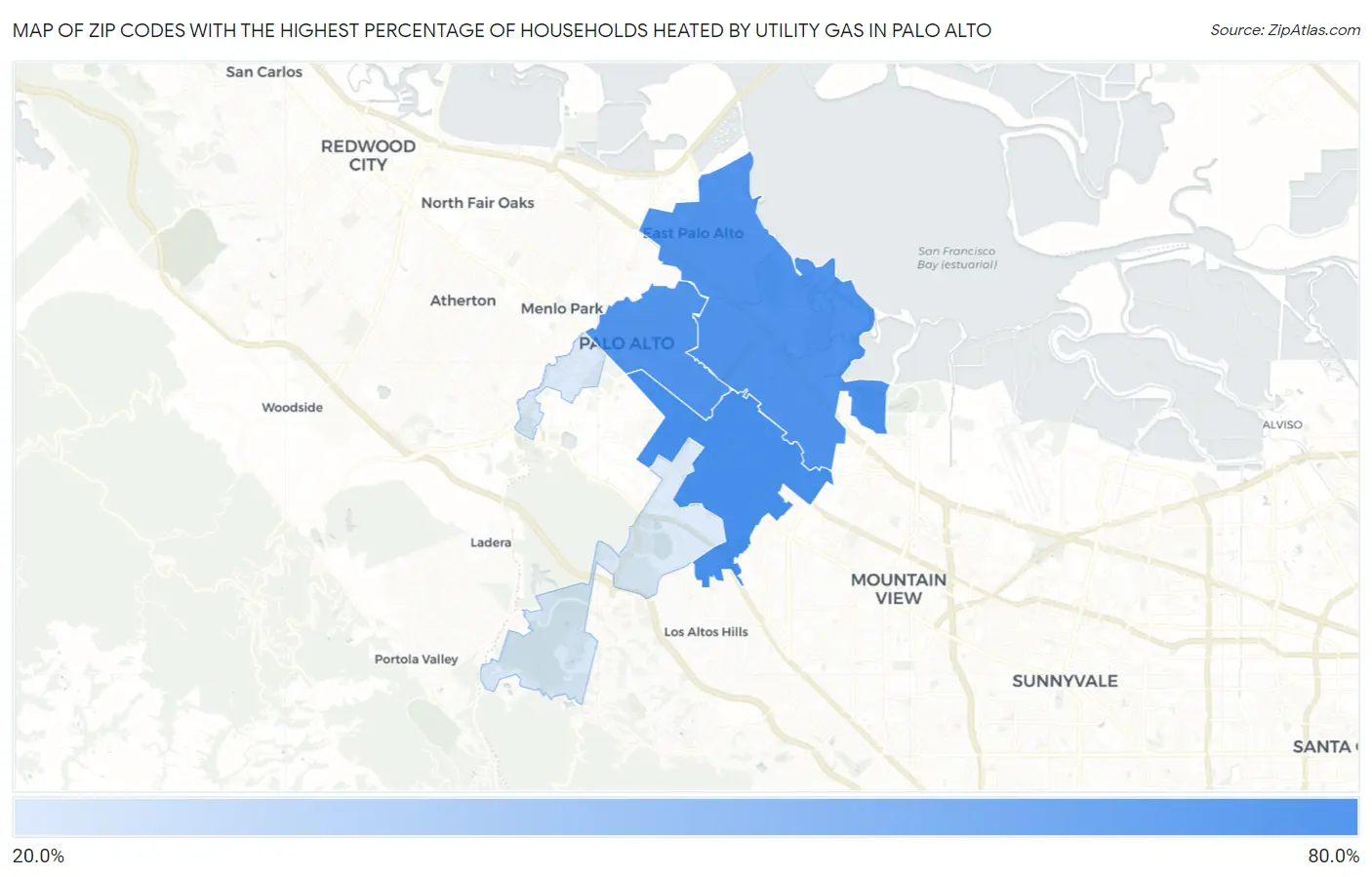 Zip Codes with the Highest Percentage of Households Heated by Utility Gas in Palo Alto Map