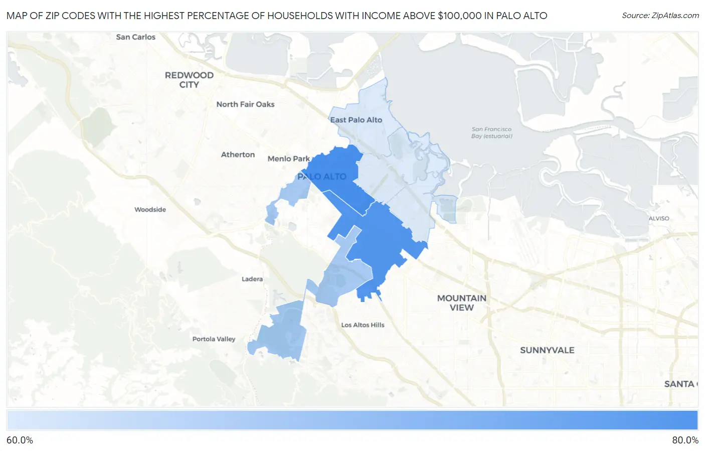 Zip Codes with the Highest Percentage of Households with Income Above $100,000 in Palo Alto Map