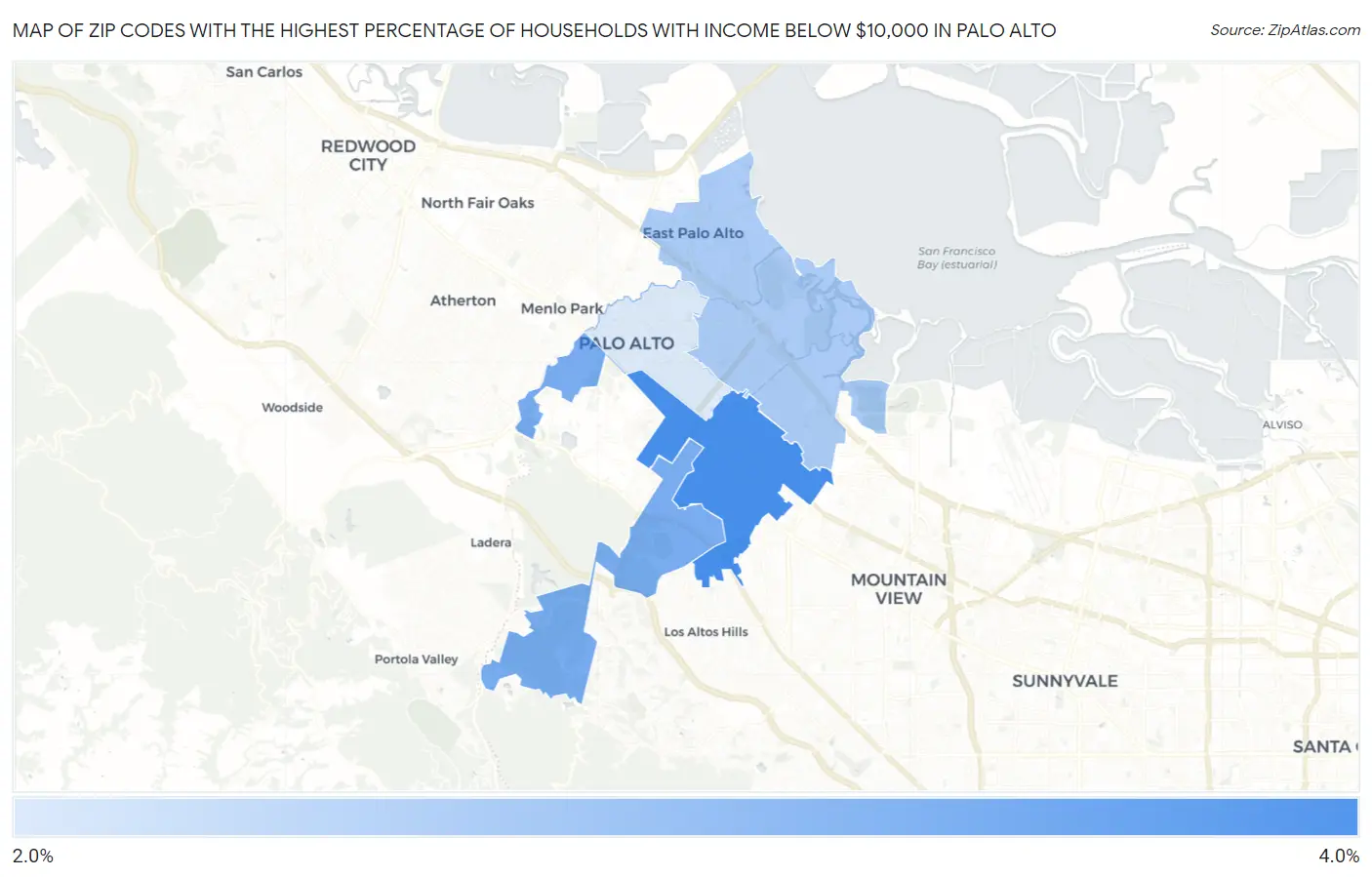 Zip Codes with the Highest Percentage of Households with Income Below $10,000 in Palo Alto Map