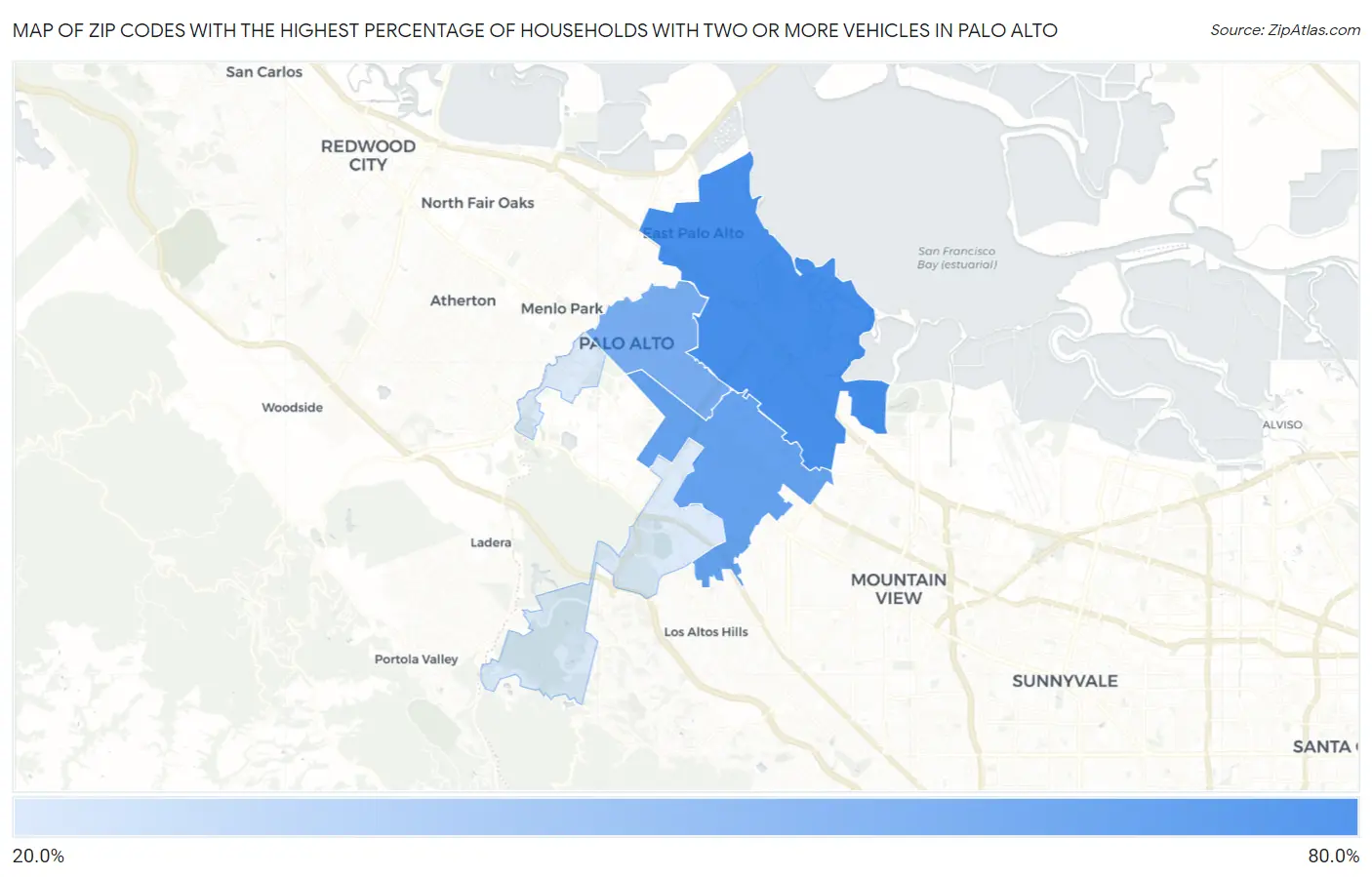 Zip Codes with the Highest Percentage of Households With Two or more Vehicles in Palo Alto Map