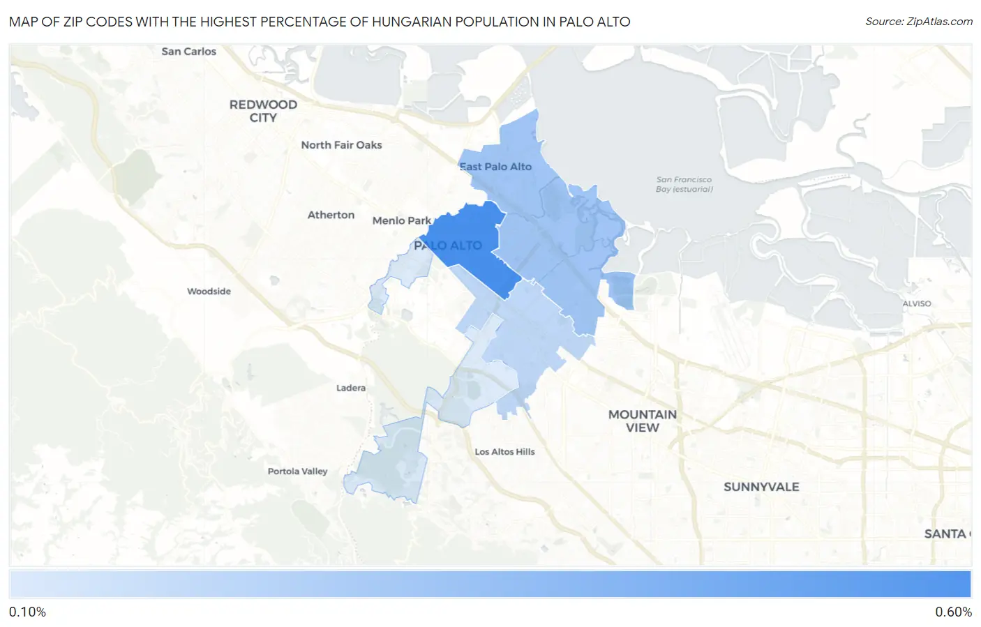 Zip Codes with the Highest Percentage of Hungarian Population in Palo Alto Map