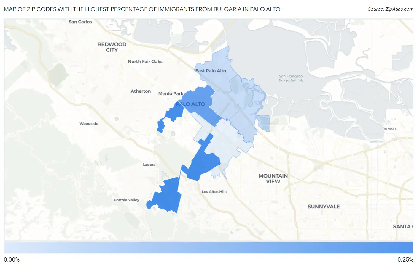 Zip Codes with the Highest Percentage of Immigrants from Bulgaria in Palo Alto Map