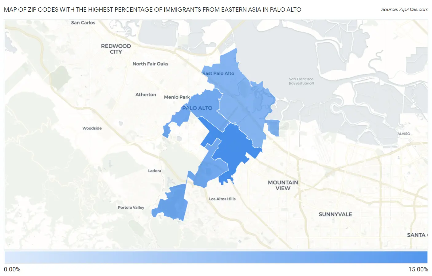 Zip Codes with the Highest Percentage of Immigrants from Eastern Asia in Palo Alto Map