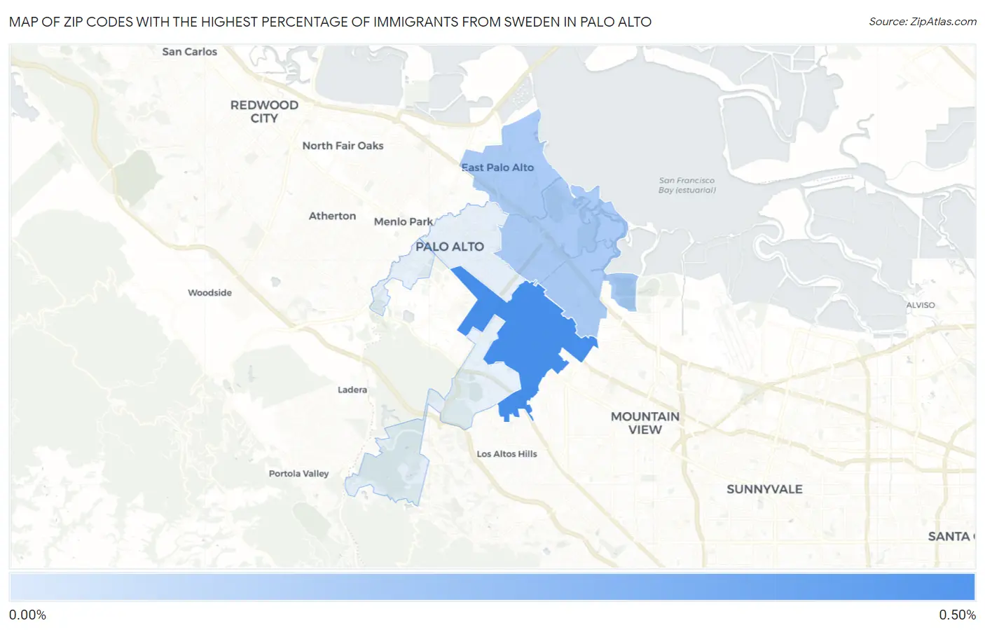 Zip Codes with the Highest Percentage of Immigrants from Sweden in Palo Alto Map
