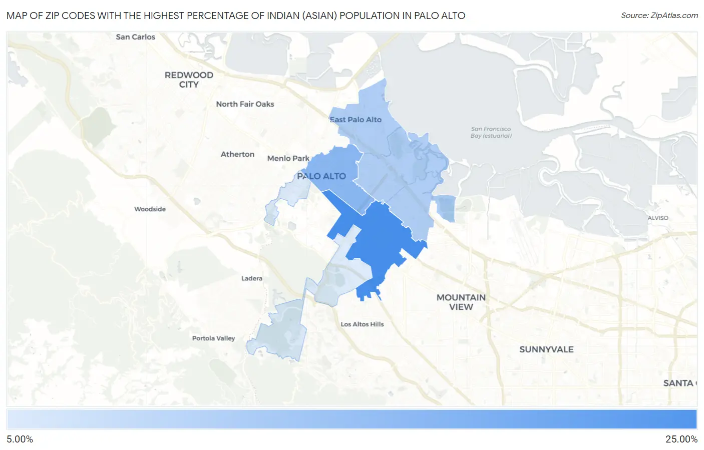 Zip Codes with the Highest Percentage of Indian (Asian) Population in Palo Alto Map