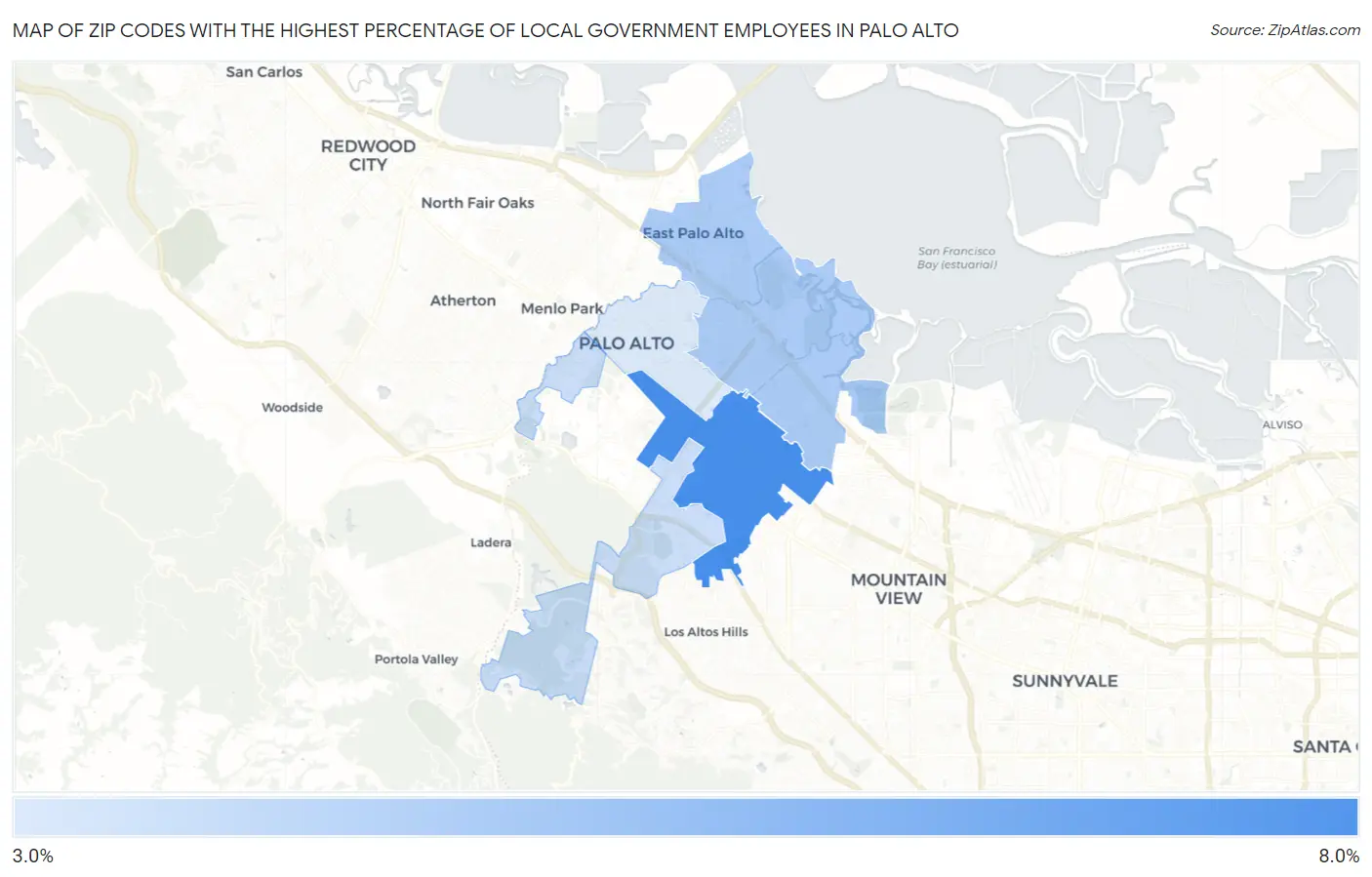 Zip Codes with the Highest Percentage of Local Government Employees in Palo Alto Map