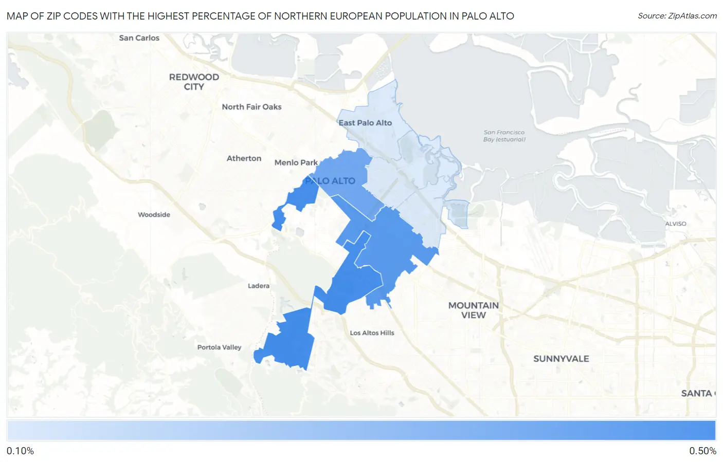 Zip Codes with the Highest Percentage of Northern European Population in Palo Alto Map