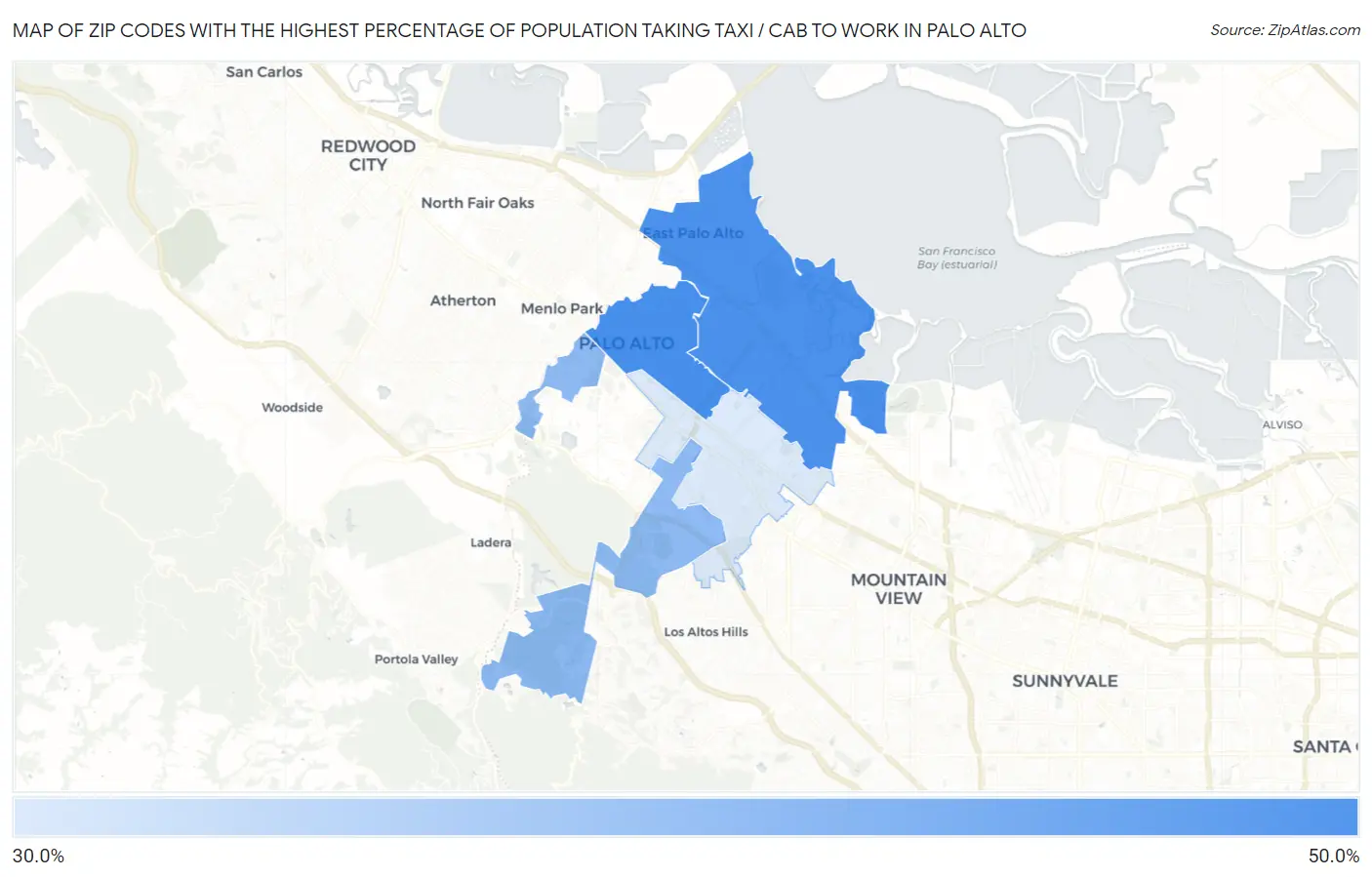 Zip Codes with the Highest Percentage of Population Taking Taxi / Cab to Work in Palo Alto Map