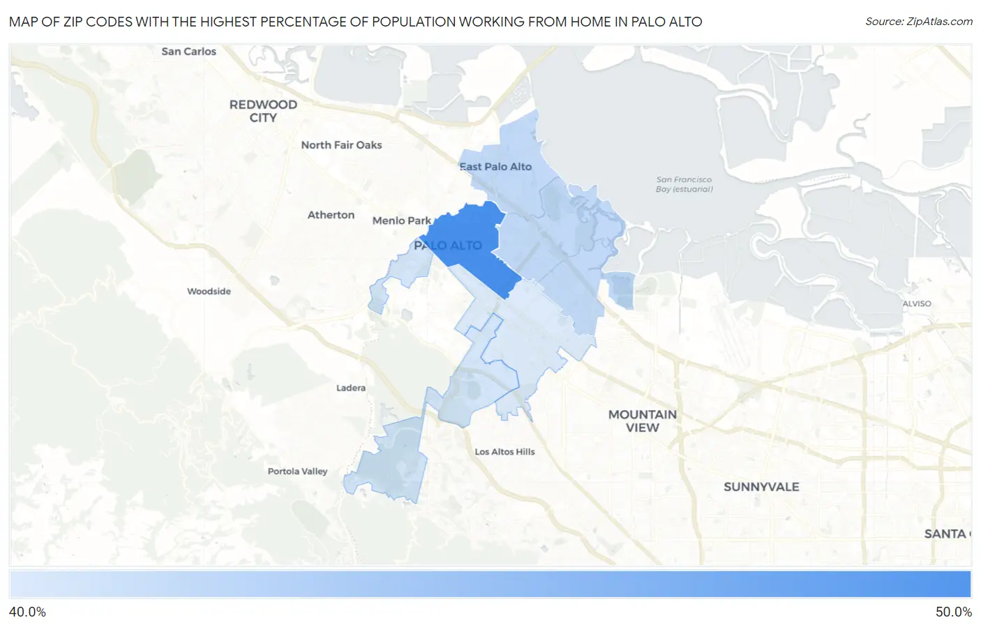 Zip Codes with the Highest Percentage of Population Working from Home in Palo Alto Map