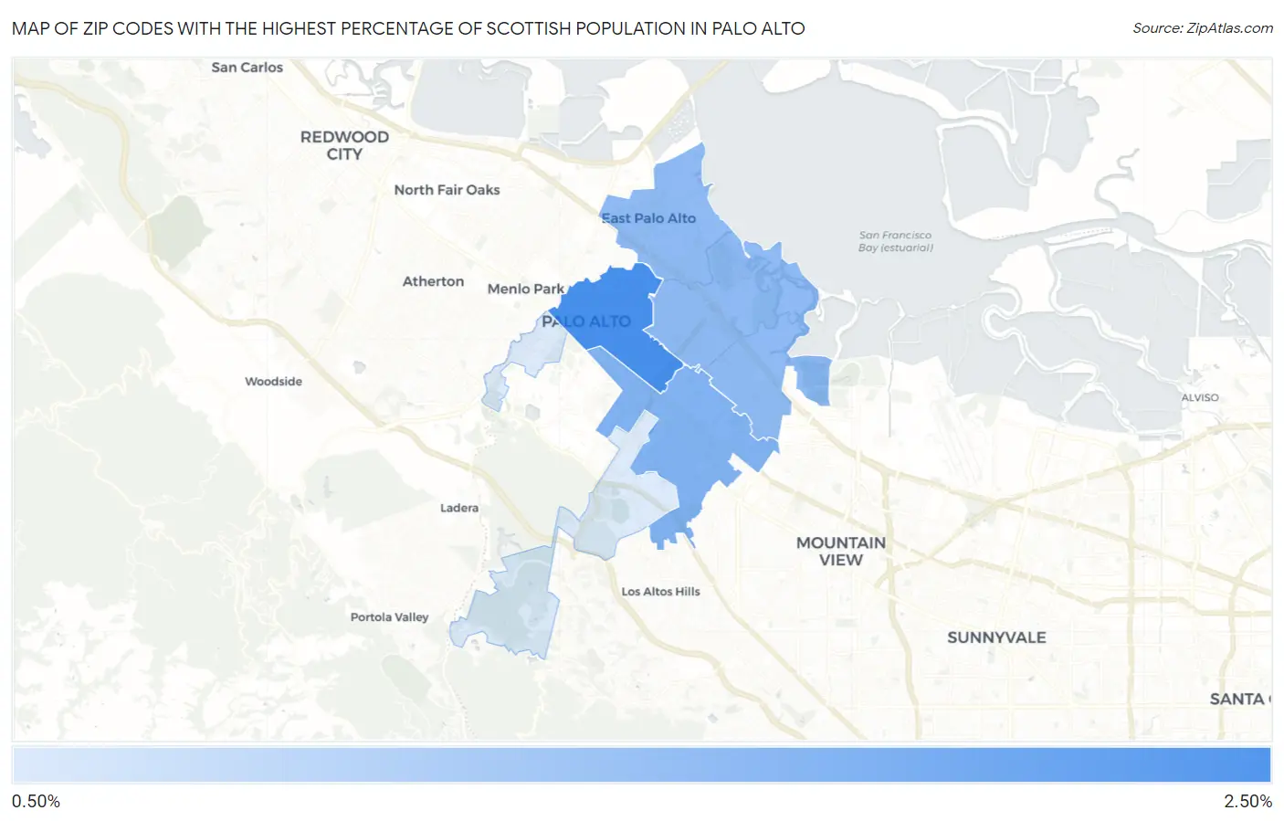 Zip Codes with the Highest Percentage of Scottish Population in Palo Alto Map