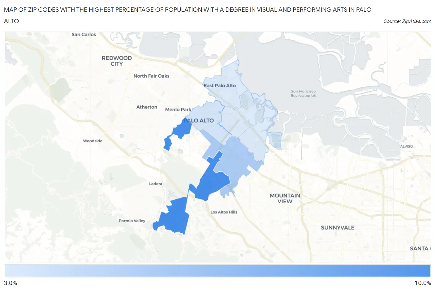 Zip Codes with the Highest Percentage of Population with a Degree in Visual and Performing Arts in Palo Alto Map