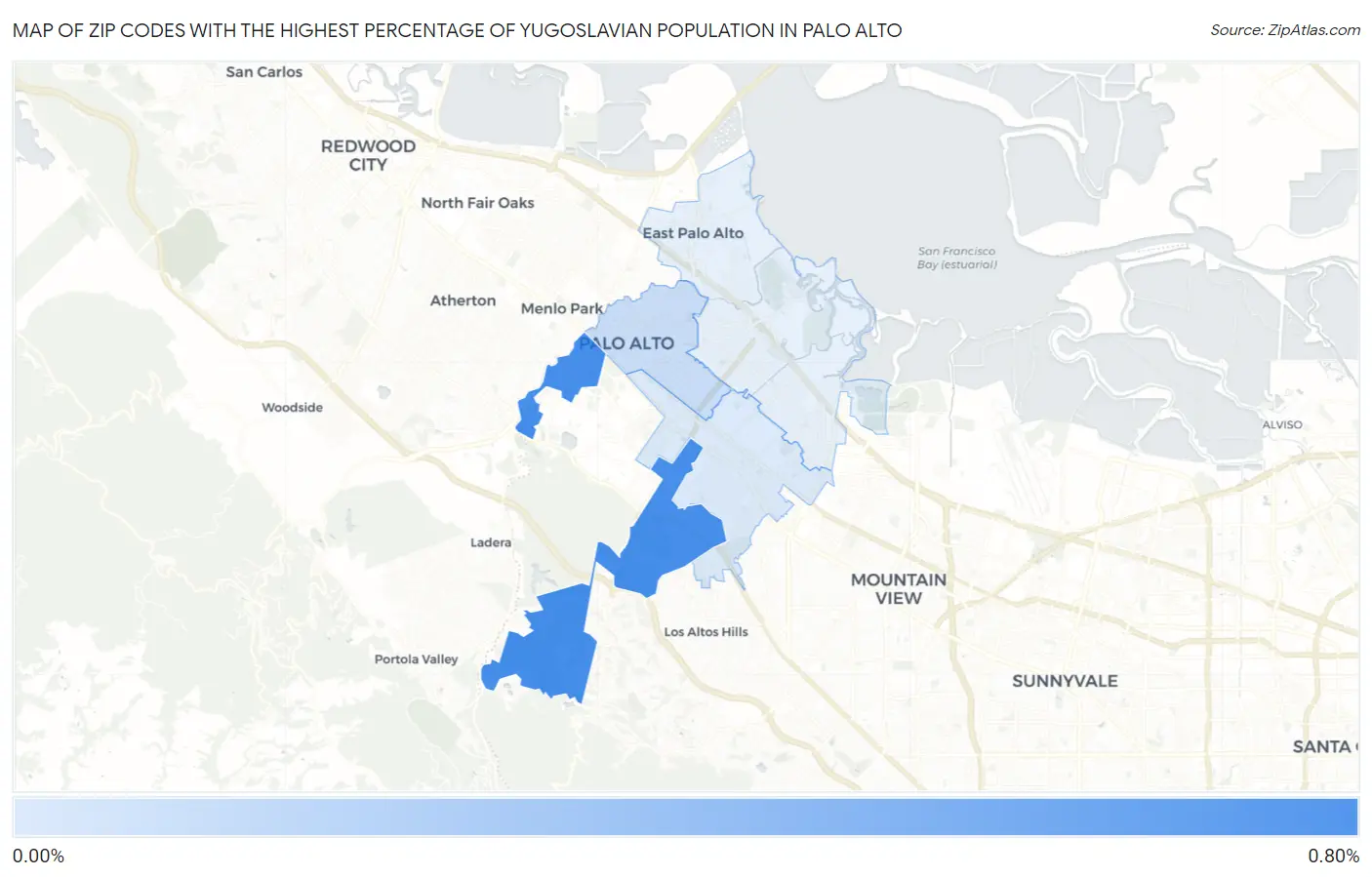 Zip Codes with the Highest Percentage of Yugoslavian Population in Palo Alto Map