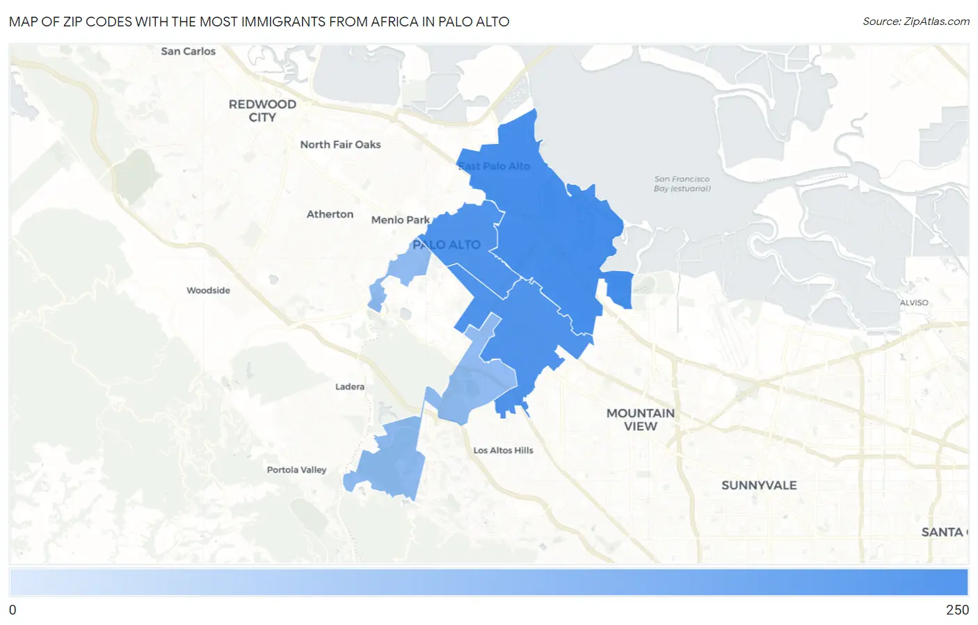 Zip Codes with the Most Immigrants from Africa in Palo Alto Map