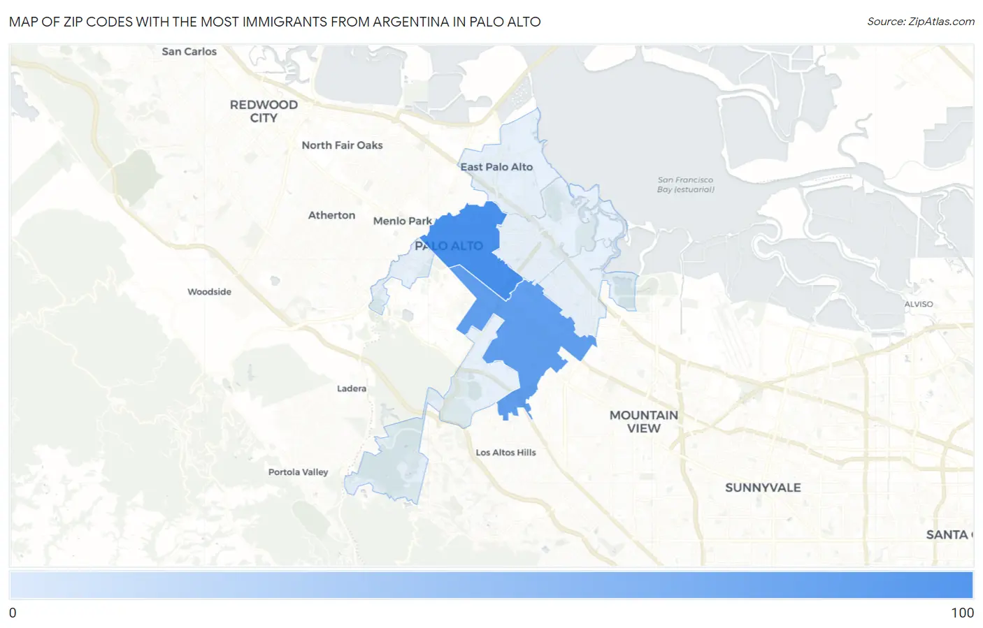 Zip Codes with the Most Immigrants from Argentina in Palo Alto Map