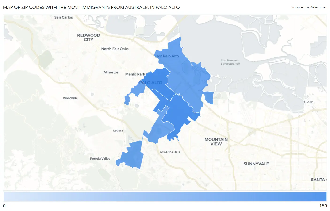 Zip Codes with the Most Immigrants from Australia in Palo Alto Map
