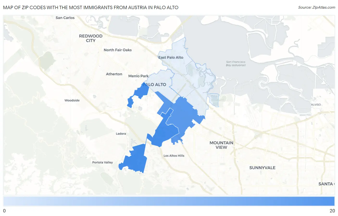Zip Codes with the Most Immigrants from Austria in Palo Alto Map
