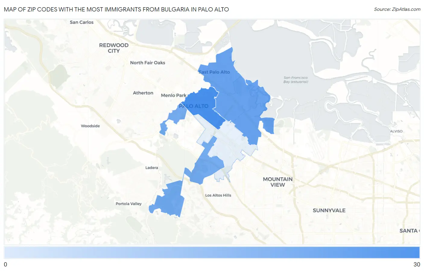 Zip Codes with the Most Immigrants from Bulgaria in Palo Alto Map