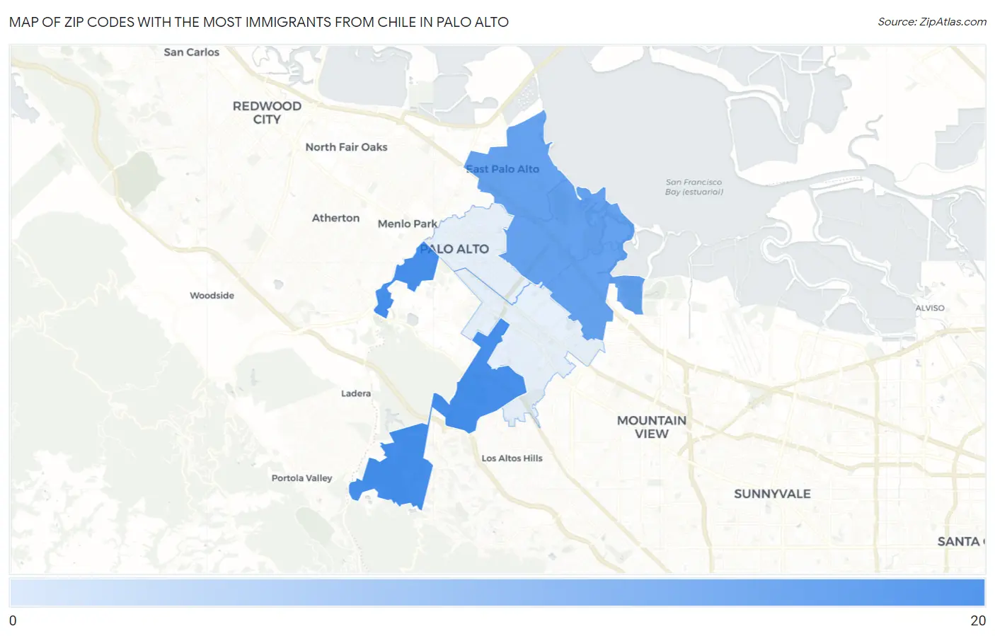 Zip Codes with the Most Immigrants from Chile in Palo Alto Map