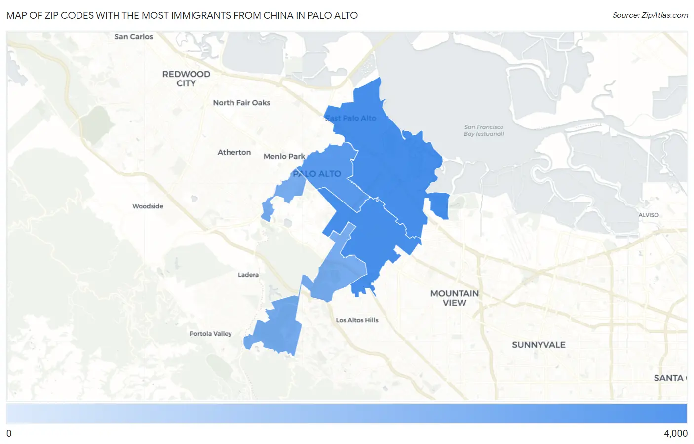 Zip Codes with the Most Immigrants from China in Palo Alto Map