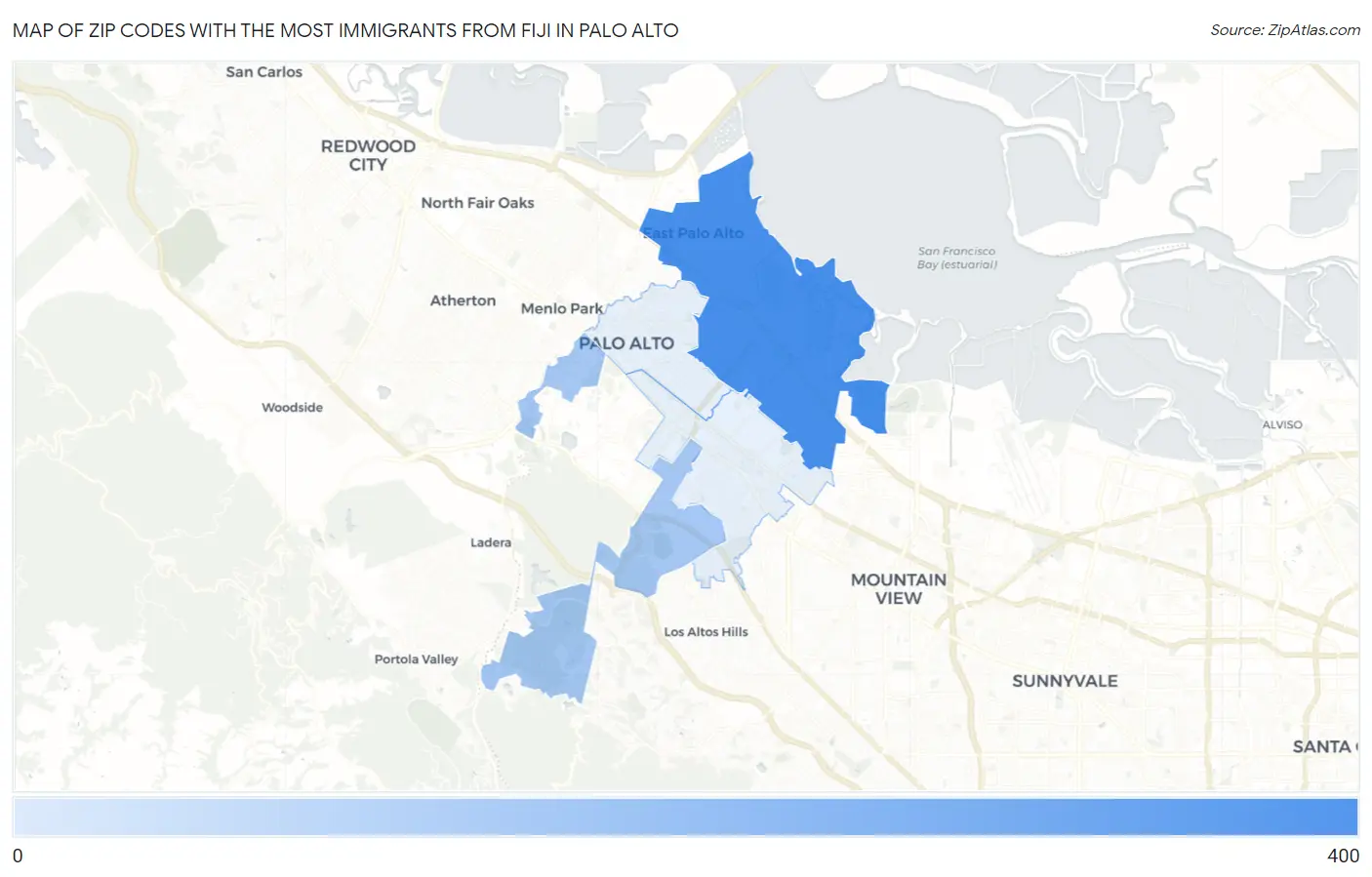 Zip Codes with the Most Immigrants from Fiji in Palo Alto Map