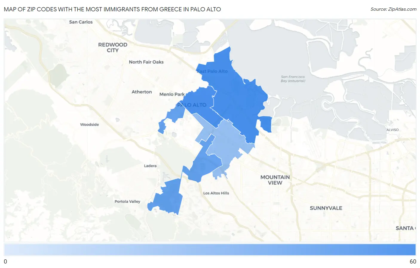 Zip Codes with the Most Immigrants from Greece in Palo Alto Map