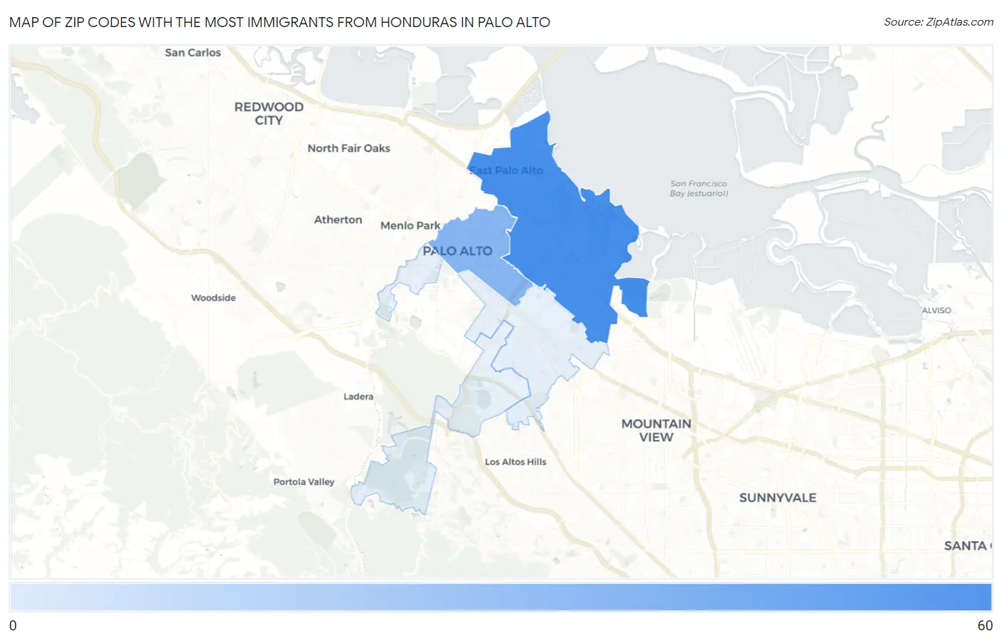 Zip Codes with the Most Immigrants from Honduras in Palo Alto Map