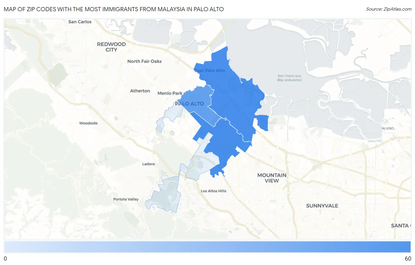 Zip Codes with the Most Immigrants from Malaysia in Palo Alto Map