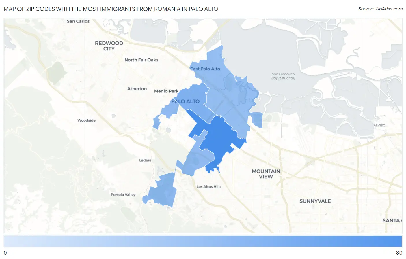 Zip Codes with the Most Immigrants from Romania in Palo Alto Map