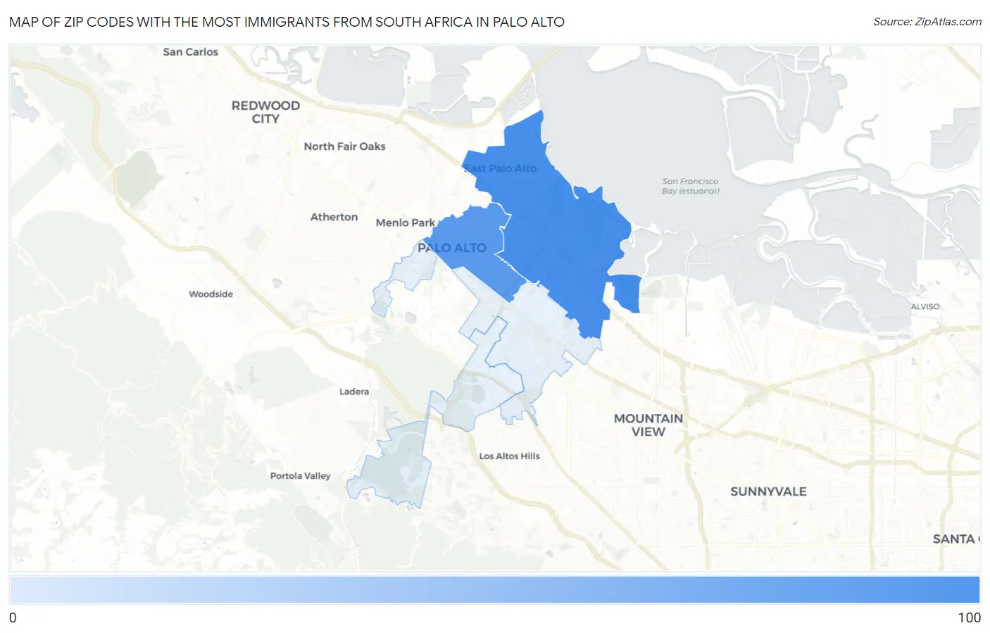 Zip Codes with the Most Immigrants from South Africa in Palo Alto Map