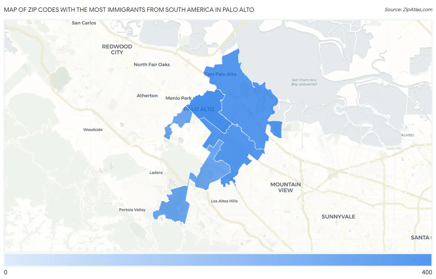 Zip Codes with the Most Immigrants from South America in Palo Alto Map