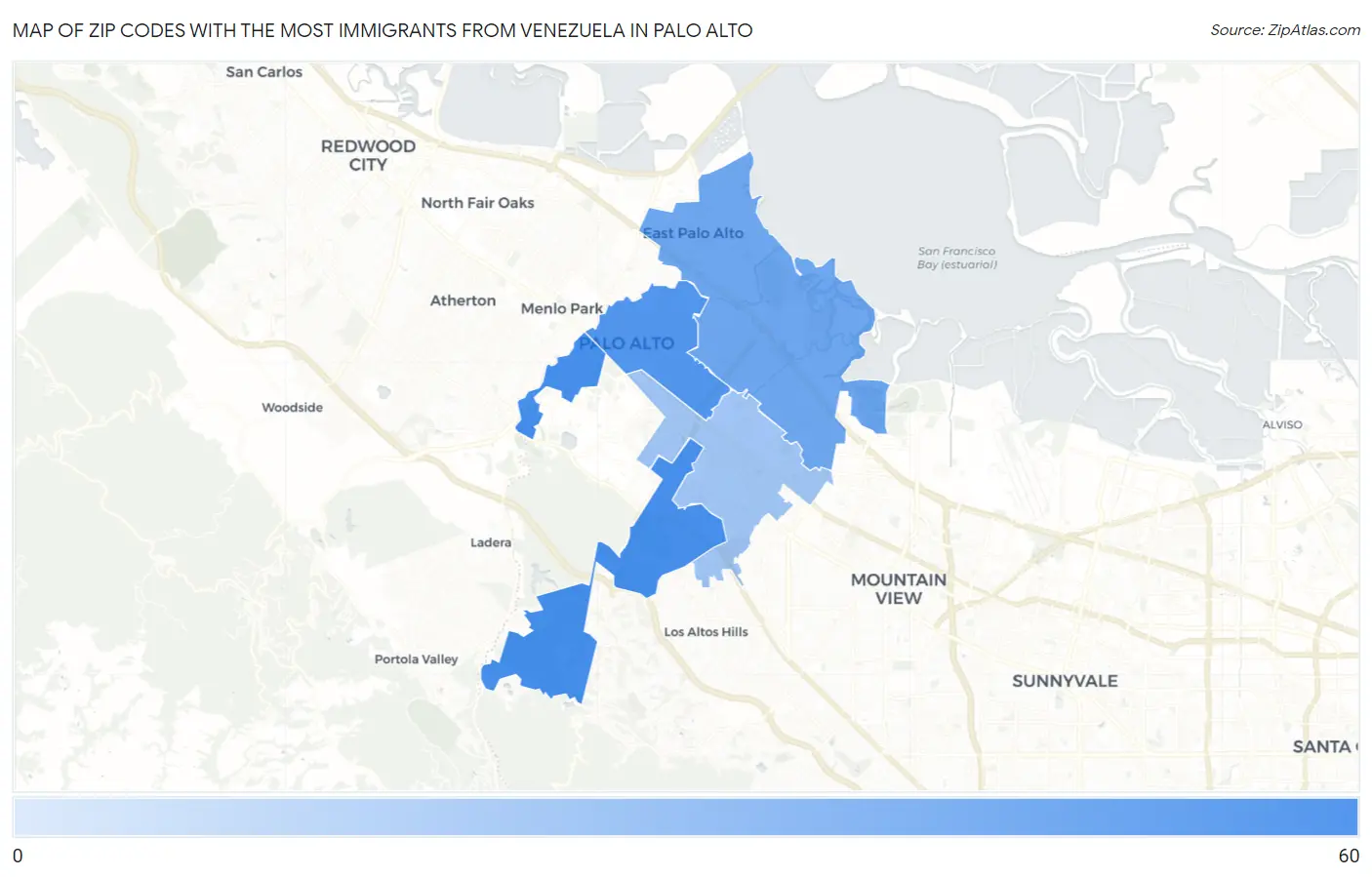 Zip Codes with the Most Immigrants from Venezuela in Palo Alto Map