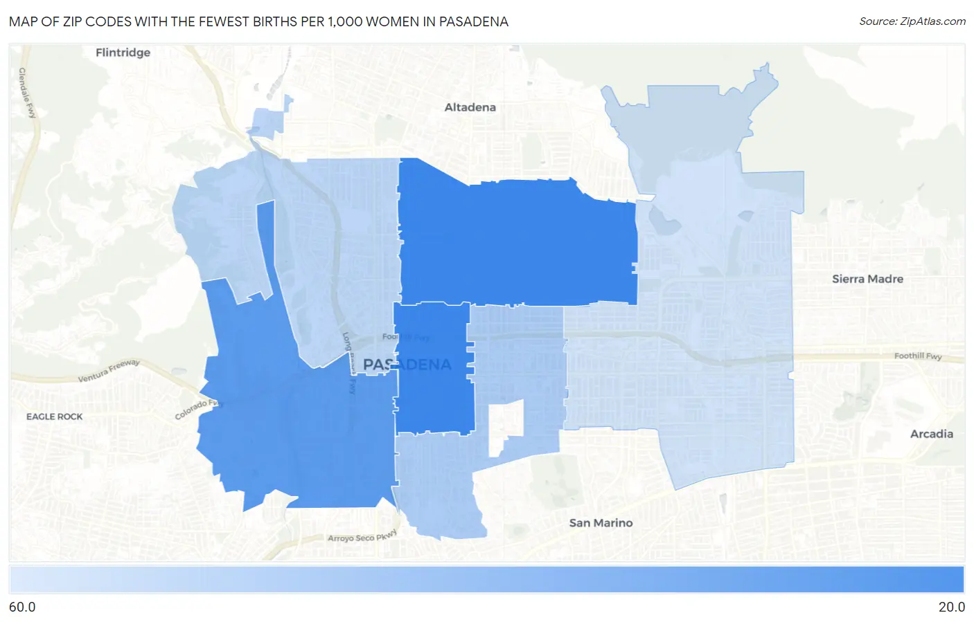 Zip Codes with the Fewest Births per 1,000 Women in Pasadena Map