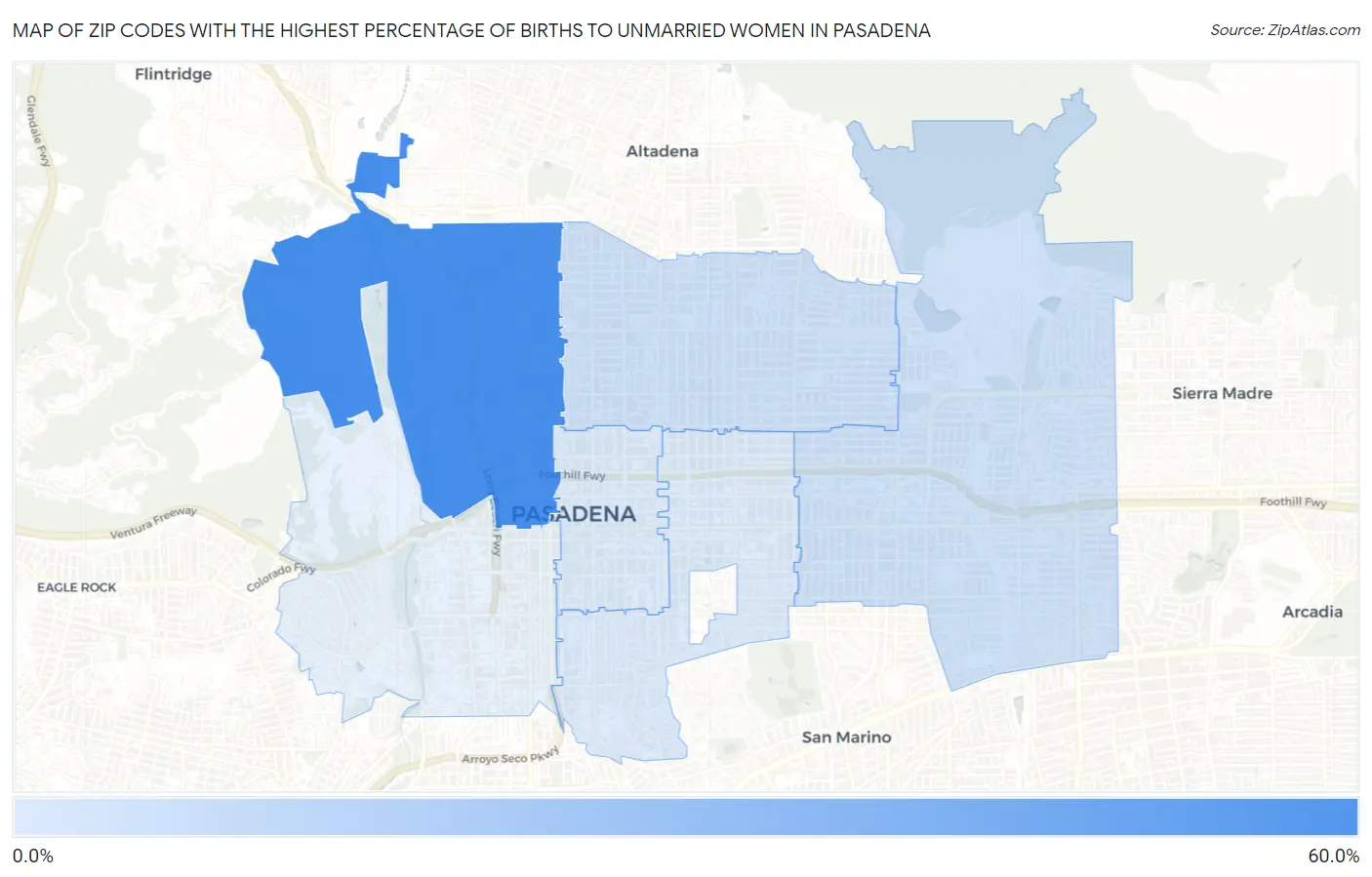 Zip Codes with the Highest Percentage of Births to Unmarried Women in Pasadena Map