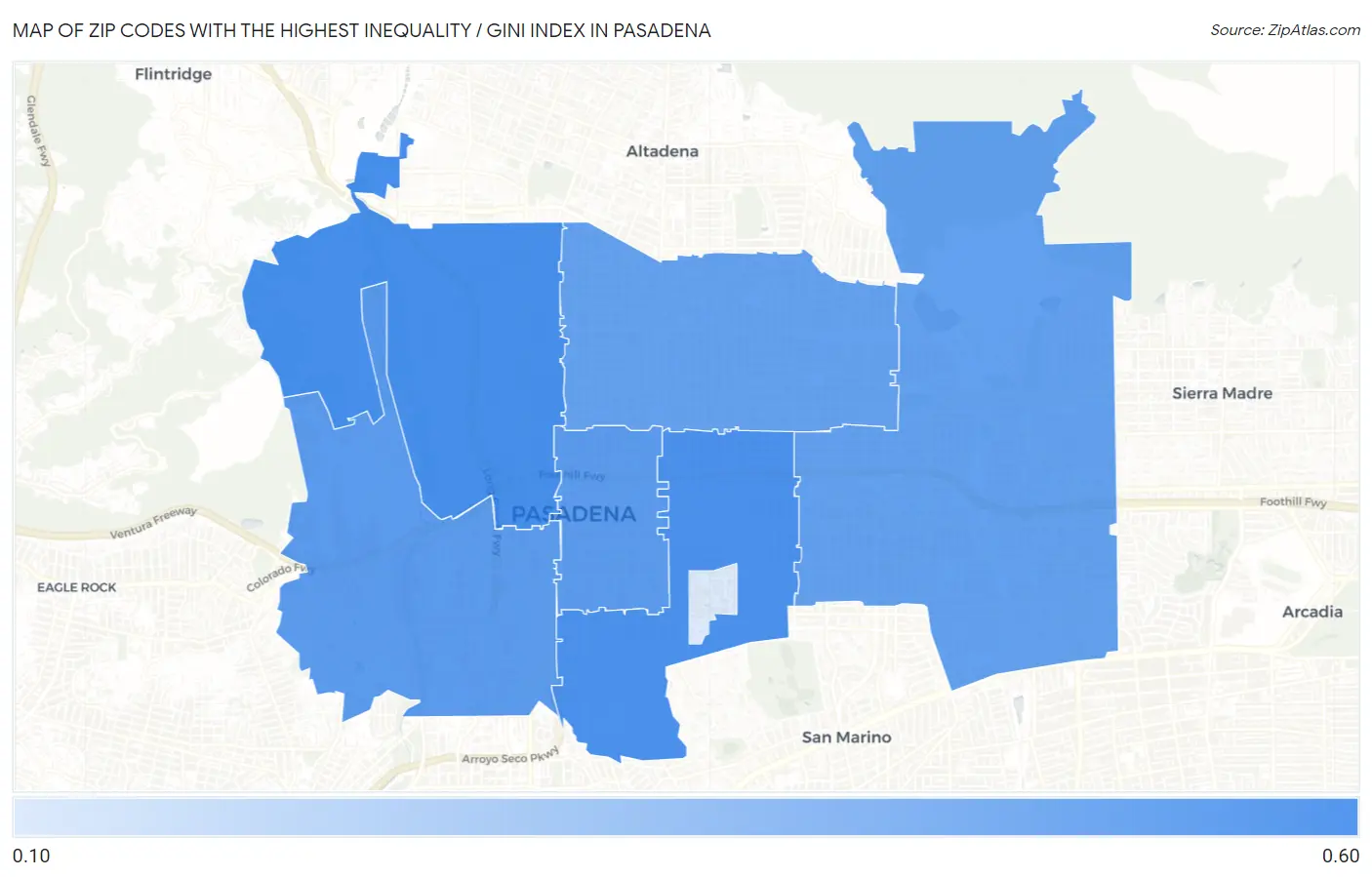 Zip Codes with the Highest Inequality / Gini Index in Pasadena Map