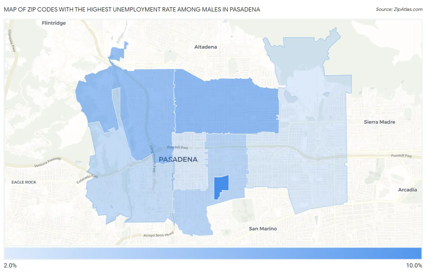 Zip Codes with the Highest Unemployment Rate Among Males in Pasadena Map