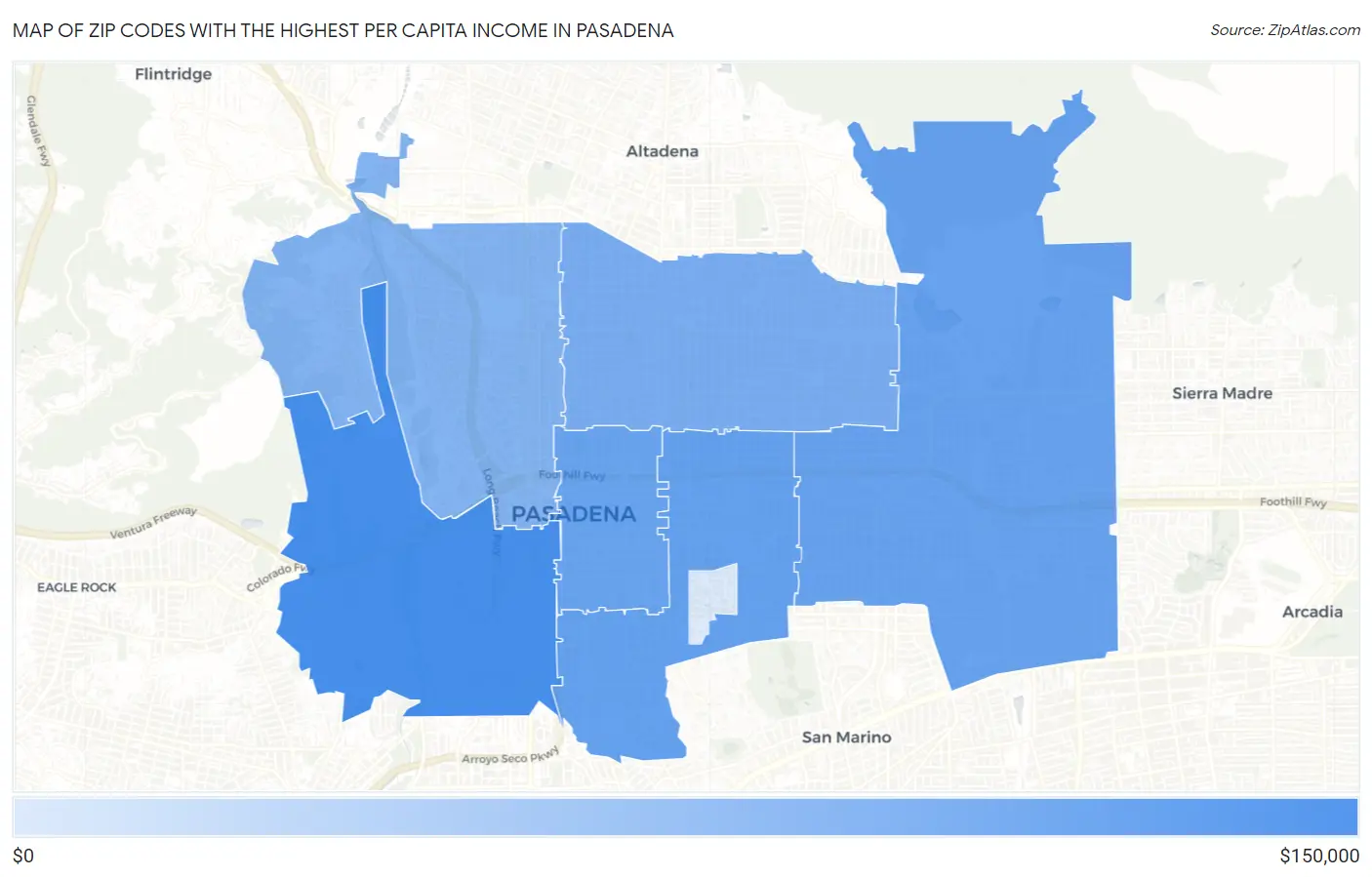Zip Codes with the Highest Per Capita Income in Pasadena Map