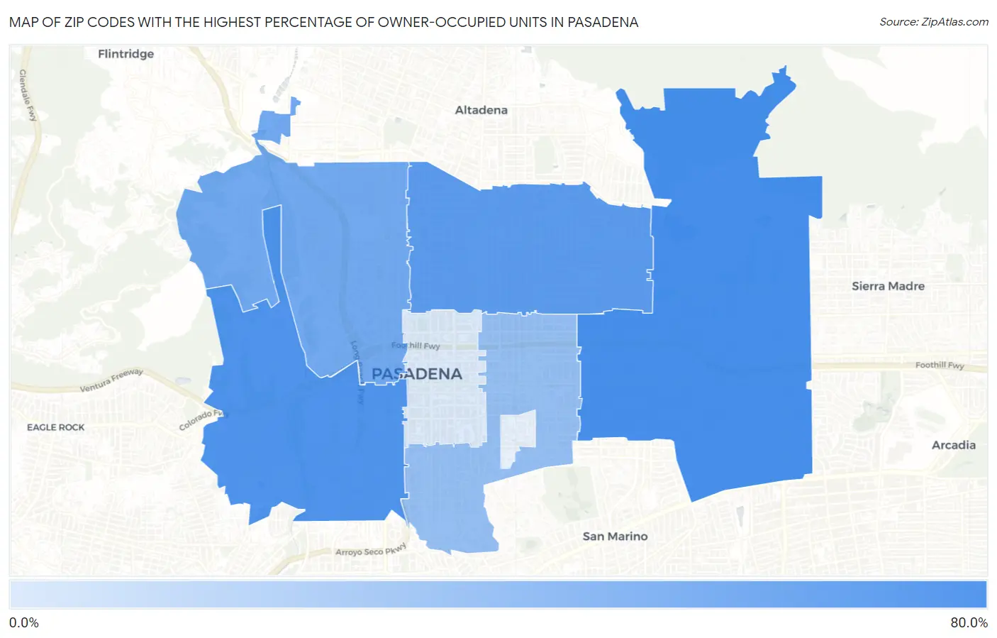 Zip Codes with the Highest Percentage of Owner-Occupied Units in Pasadena Map