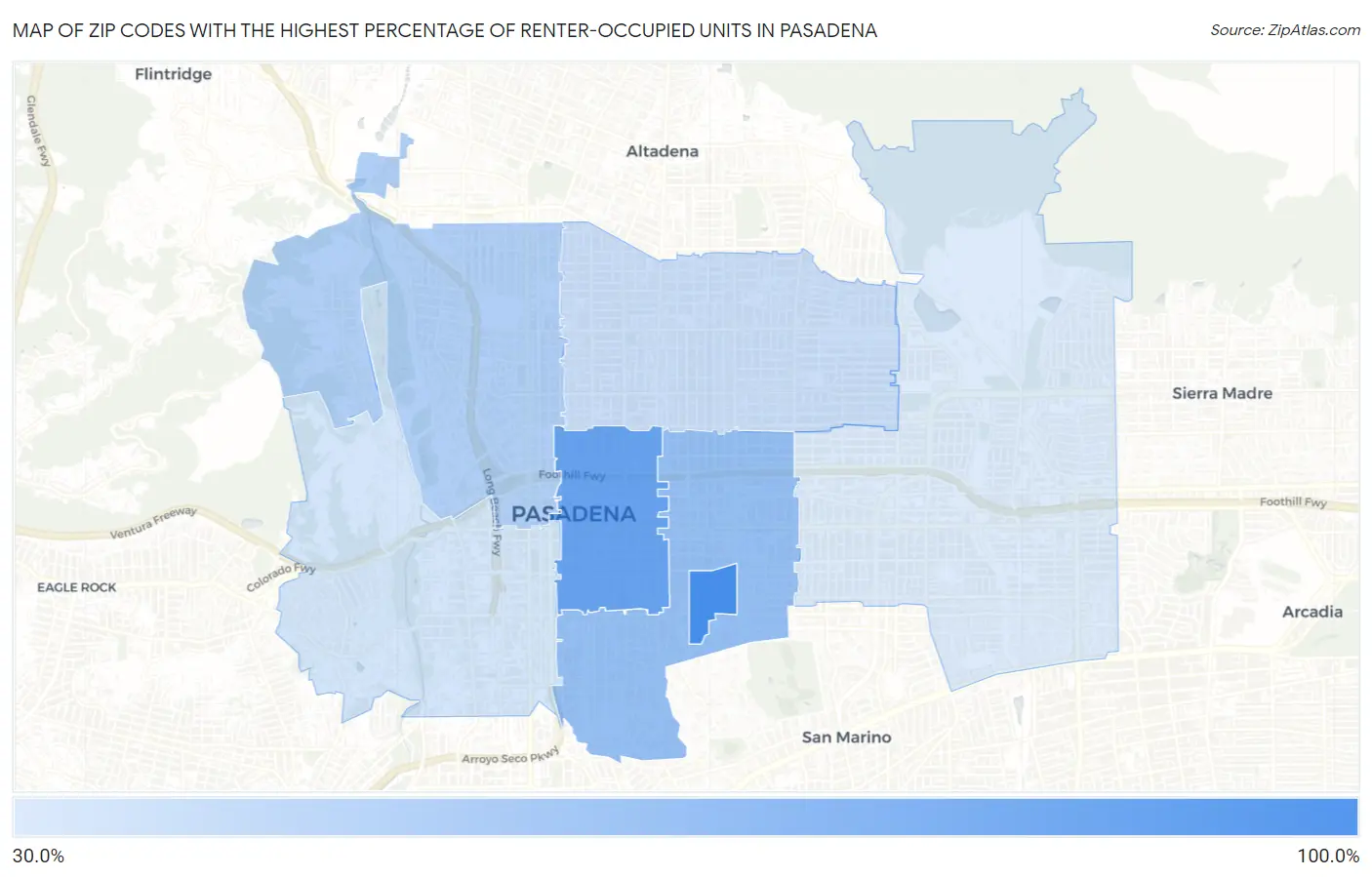 Zip Codes with the Highest Percentage of Renter-Occupied Units in Pasadena Map