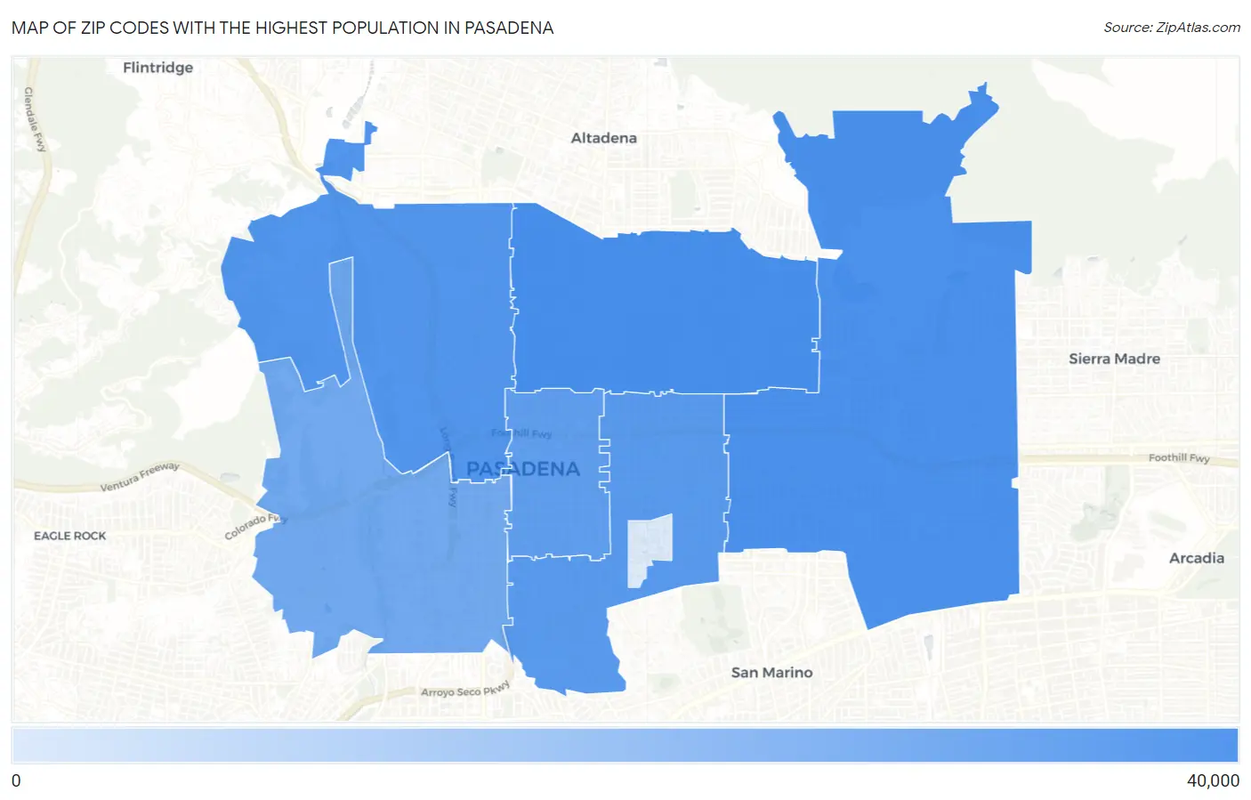 Zip Codes with the Highest Population in Pasadena Map