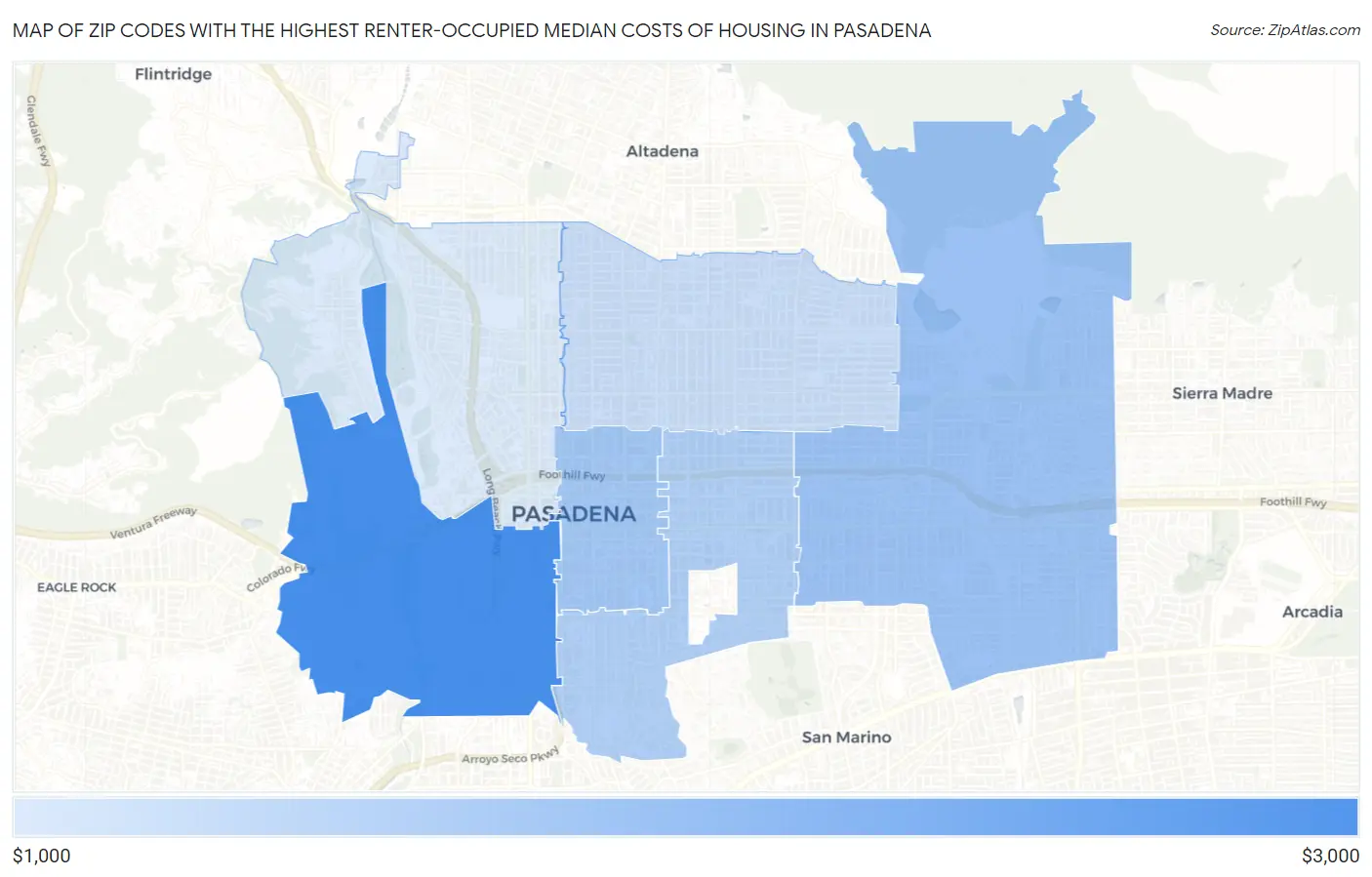 Zip Codes with the Highest Renter-Occupied Median Costs of Housing in Pasadena Map