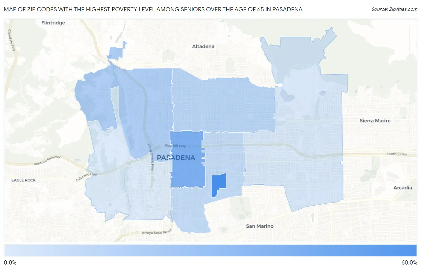Zip Codes with the Highest Poverty Level Among Seniors Over the Age of 65 in Pasadena Map