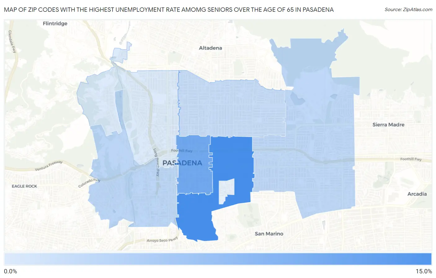 Zip Codes with the Highest Unemployment Rate Amomg Seniors Over the Age of 65 in Pasadena Map